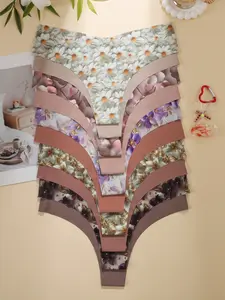 10 Pack Women's Seamless No Show Thong Underwear, 3D Floral Print and Soft Solid Colors, Comfortable Fit for All Seasons