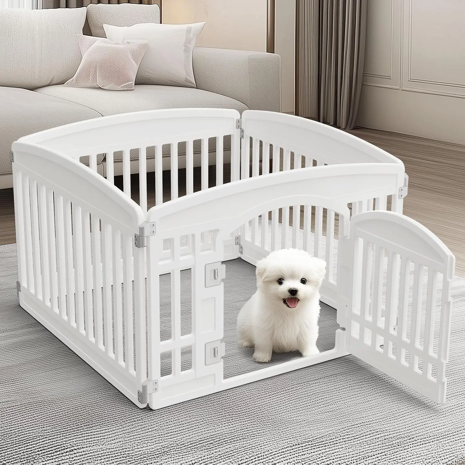 White Foldable Pet Playpen for Indoor & Outdoor Use | 4/6/8 Panels with Door | Dense Bite-Resistant Non-Toxic Plastic（Anti-jump top cover sold separately） | Safe Play Area for Small to Medium Dogs & Cats