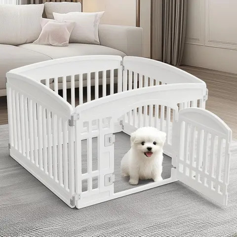 White Foldable Pet Playpen for Indoor & Outdoor Use | 4/6/8 Panels with Door | Dense Bite-Resistant Non-Toxic Plastic（Anti-jump top cover sold separately） | Safe Play Area for Small to Medium Dogs & Cats