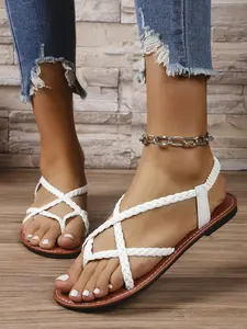 Women's Summer Sandals, Handmade Weave Design, PU Leather Upper Material, Elastic Back Strap, Comfortable Fit, Ideal for Casual Wear
