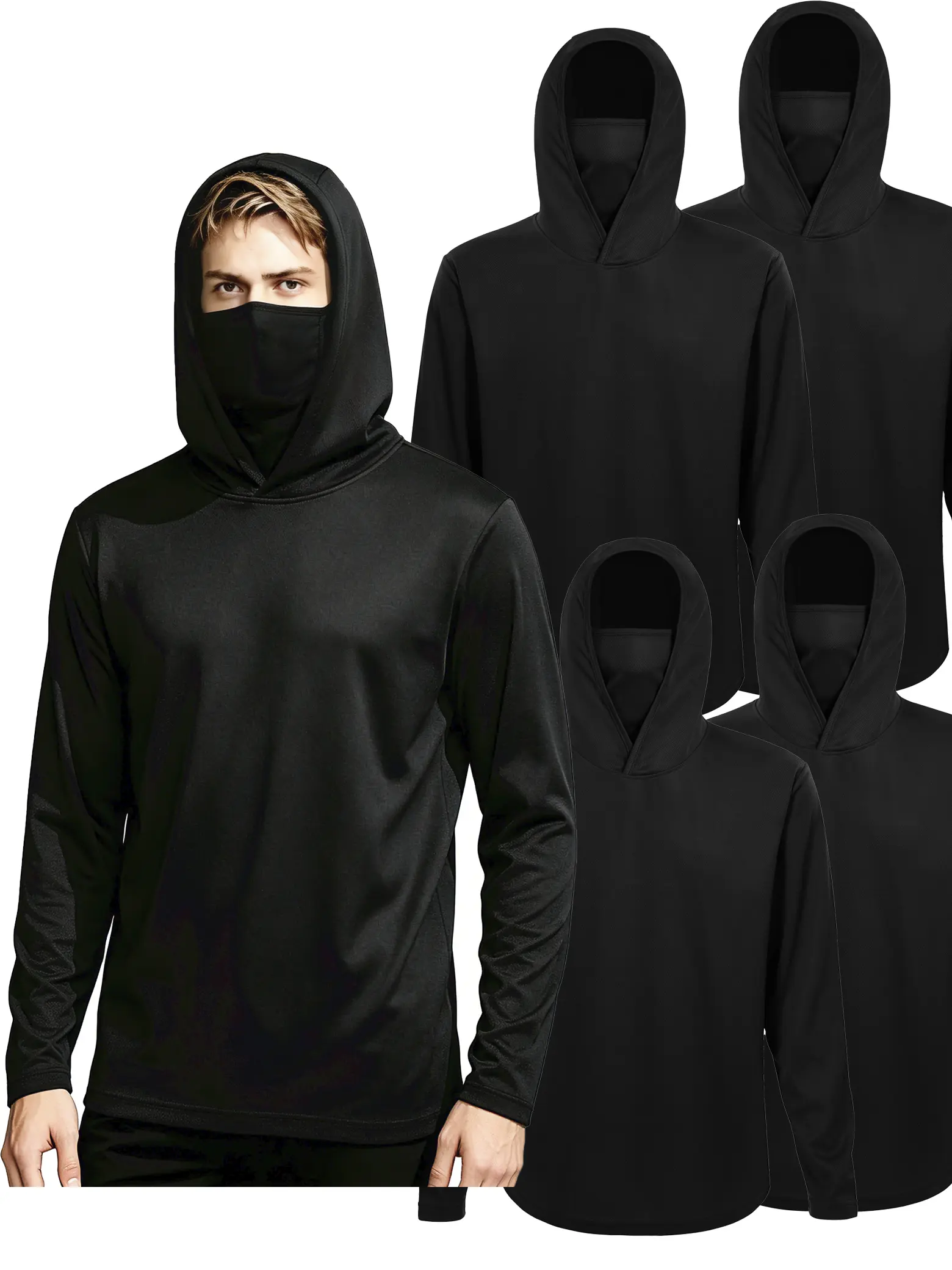 Men’s UPF 50+ sun protection breathable long-sleeve workout T-shirts and lightweight hoodie shirts with mask