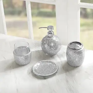 Luxury Silver/Gold Mosaic Crackle Glass 4 Piece Bathroom Accessory Set