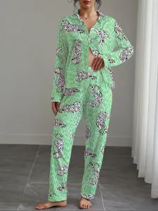 Women's Fall Winter Pajama Set, Tiger Print, Casual Fitted Long Sleeve Top & Elastic Pants, Soft Stretchy Fabric, Home Wear, Loungewear