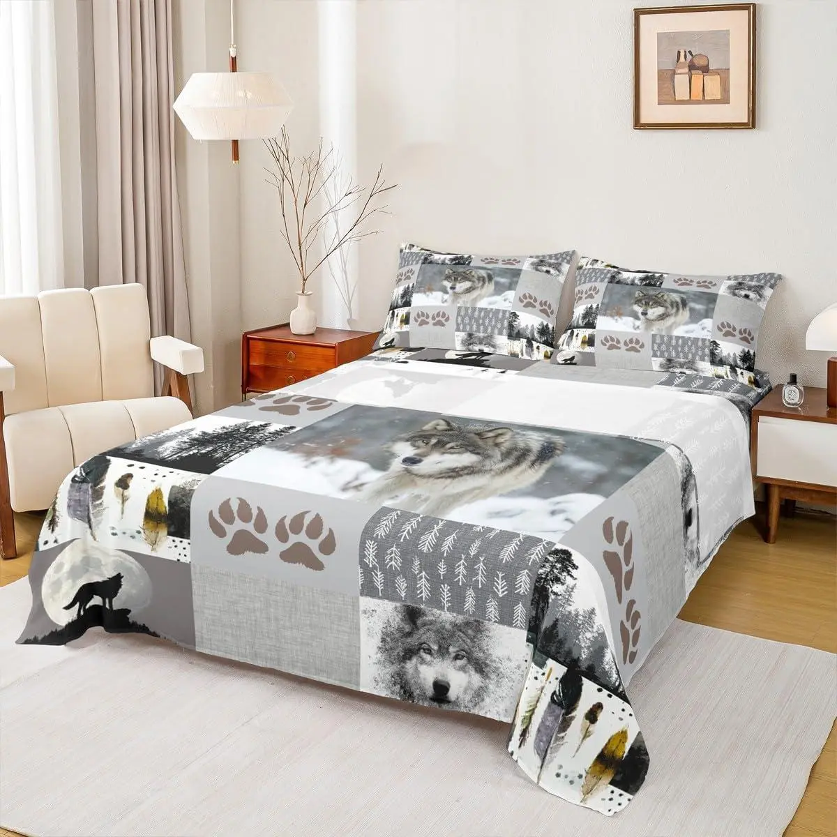 Wolf Sheet,Wolf Paws Print Pine Trees Wild Adventure Bedding Set,Adults Room Decor,Geometric Plaids Patchwork Rustic Bed Sheet Set (Fitted + Flat )
