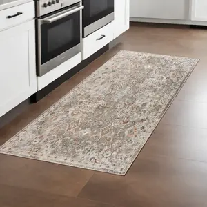 HomeRoots 570855 8 ft. Gray, Ivory & Brown Medallion Machine-Made Runner Area Rug - Decorative Pattern, Multicolor, Ornate Design Runners, Decorative Pattern Runners