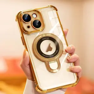 Luxury electroplated airbag bracket wireless charging phone case is suitable for iPhone 11 12 13 14 15 16 17 Pro Max Plus shockproof adjustable bracket hollow Logo back cover, protective cover with camera lens protective cover Accessories.