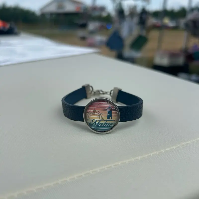 Handmade blue leather Maine bracelet with charm