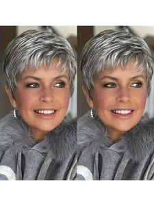 Gray synthetic wig with short straight layered design, suitable for parties and daily wear, Straight synthetic wigs