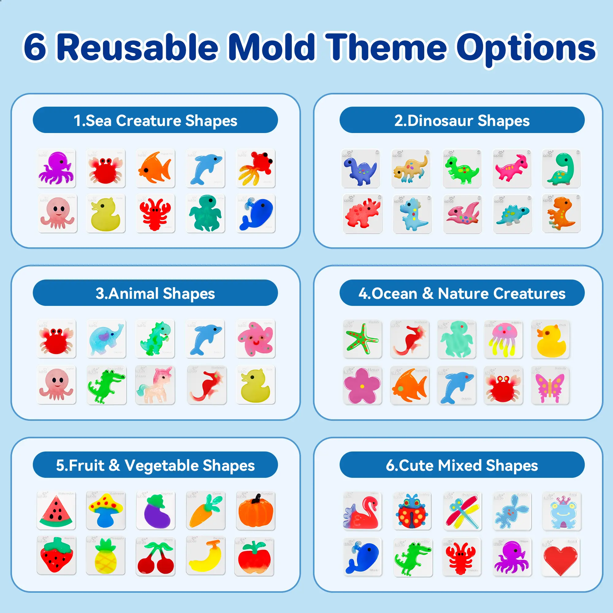 Kiditos Magic Water Elf Reusable Mold Set -Mold ONLY No Gel, No Powder, Aqua Gel Craft Molds for DIY Water Pets Ages 3+ Dinosaur Shapes Animal Shapes