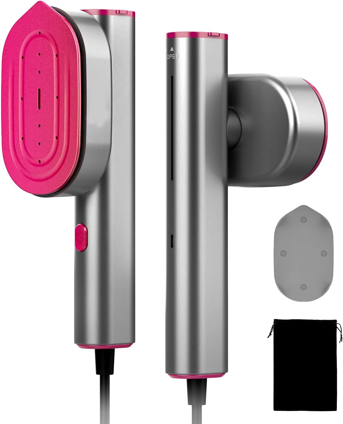 Portable Steamer for Clothes, Mini Travel Handheld Steamer 2 in 1-1200W Steam 10S, 90 Rotatable Handle, Foldable Lightweight Garment Steamer for Business Trip Vacation CruisePortable Steam Iron with Pink and Silver Design for Easy Ironing and Travel Use.