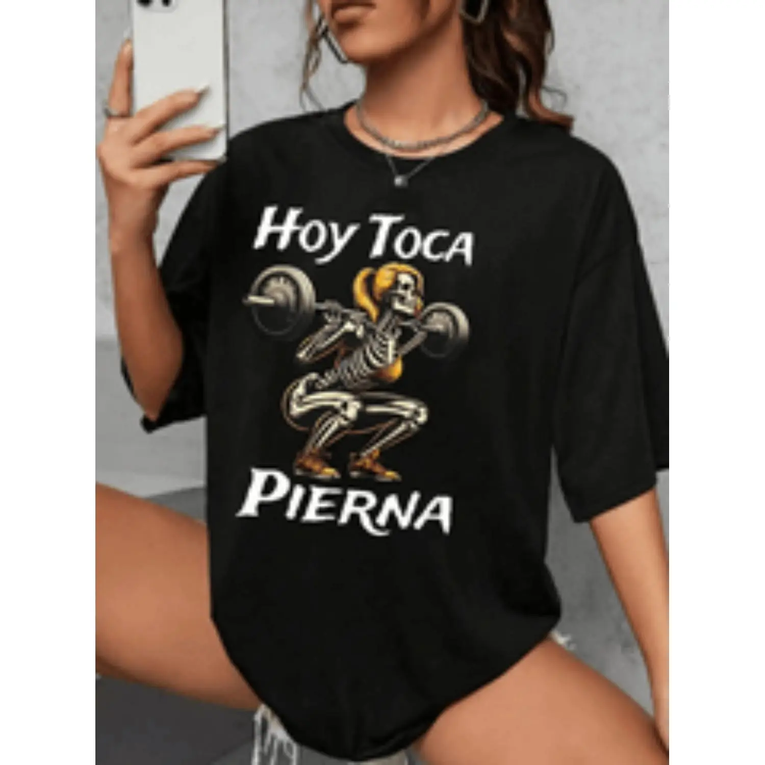 Men's Black Cotton Graphic T-Shirt - Skeleton Weightlifting Print, Baggy Loose Fit, Round Neck, Short Sleeve, Breathable Streetwear Top for Gym Humor Attire
