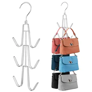 2 Pack 360° Rotating Hanger Closet Organizer for Purses & Bags, Space Saving Vertical Handbag Storage for Small Closet, Apartment & Dorm - Home Organization Rack for Easy Access & Clean Display, Silver