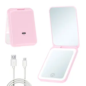 LED Magnifying Travel Makeup Mirror, 1X/2X Magnification LED Pocket Mirror with Rechargeable USB Cable, Mini Compact Foldable Mirror with Dimmable 3 Light-Modes for Women Gift Travel - Black Pink White