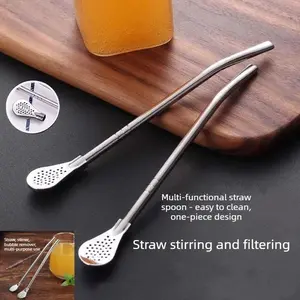 2 PCS Stainless steel two-in-one spoon and straw, creative coffee stirrer, eco-friendly drinking straw, juice and milk tea filter straw