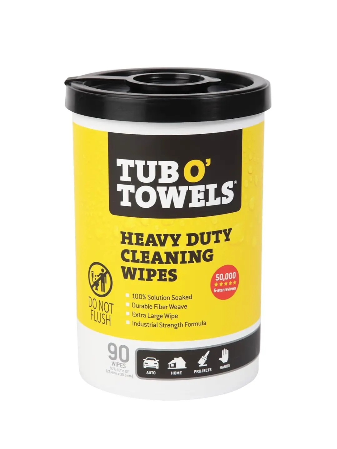 Tub O' Towels TW90 Heavy-Duty Stain Remover Wipes, 10"x12" Large Size No-Water-Required Kitchen Cleaning Towels, Automotive & RV Cleaning Supplies, Leather Cleaner, 90-Count Canister, Pack of 1