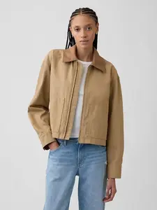 Women Relaxed Cropped Canvas Barn Jacket - Mojave Brown