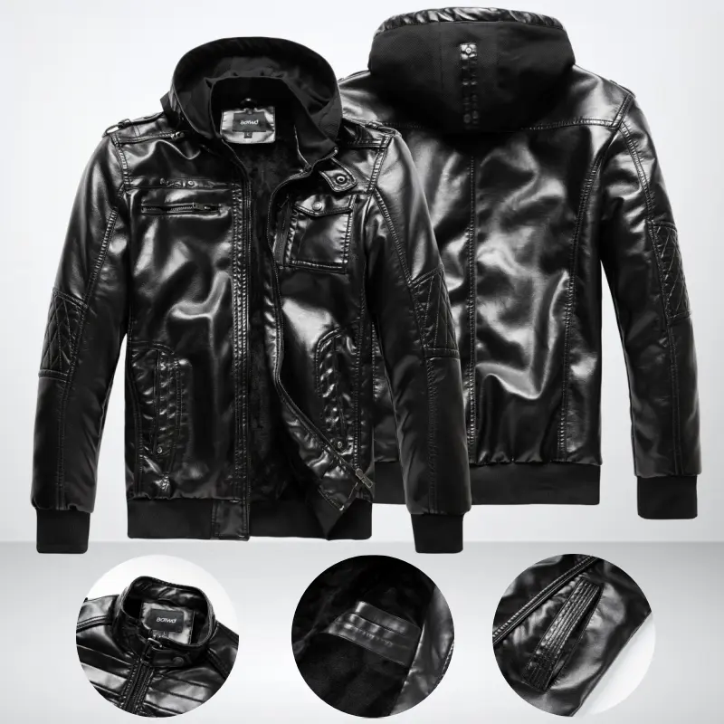 Men’s hooded motorcycle-style leather jacket with fleece lining; thickened winter interior for windproof warmth; detachable hood design; practical multi-pocket layout; versatile outerwear for daily commuting and street outings. sohochic