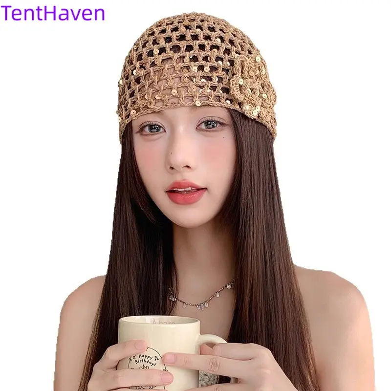 Bohemian Sun Hat for Women, Hand-Woven Hollow Cotton Summer Headwear for Adults with Adjustable Strap, Breathable Outdoor Hat, Crochet Flowers, Hand-Woven Crochet, Females, Ethnic, All Seasons, Floral, Fashionable Hats