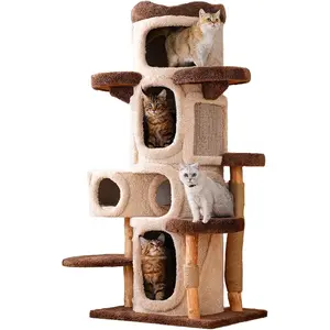 Cat Tree Tower for Large Cats, 69”Tall Heavy Duty Modern Cat Tower with Natural Wood Trunks, Multi-Level Cat Condo & Scratching Tower, Brown Cat Tree for Indoor Cats to Play and Sleep