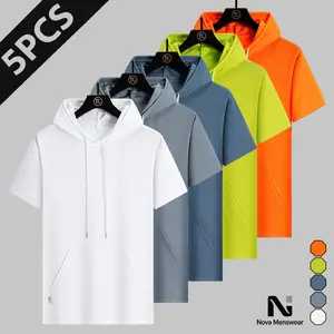 Men's Summer 5 Pack Hooded Short Sleeve T-Shirt Set, Drawstring Kangaroo Pocket Casual Tops, Casual Streetwear Summer Hooded Tees for Daily Activities, Hiking and Relaxed Street Style