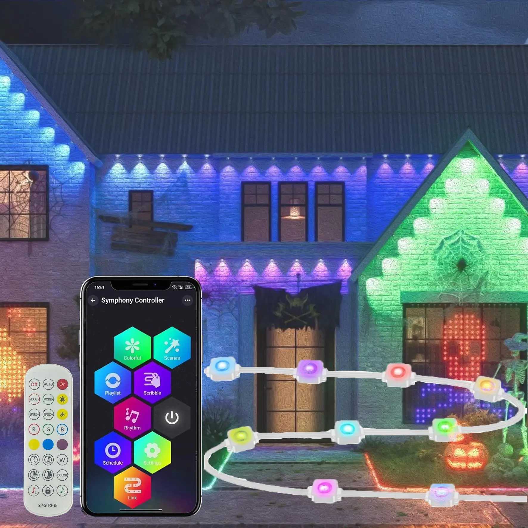 1 Pack DIY Outdoor Light, Outdoor Waterproof Lights, Waterproof Garden Lights, Controlled by APP/Voice, RGB Smart Eaves Light, IP67, Suitable for Year-Round Outdoor Roof Lighting, Used for Christmas, Holidays, 30 LEDs, 15 Meters, Extendable