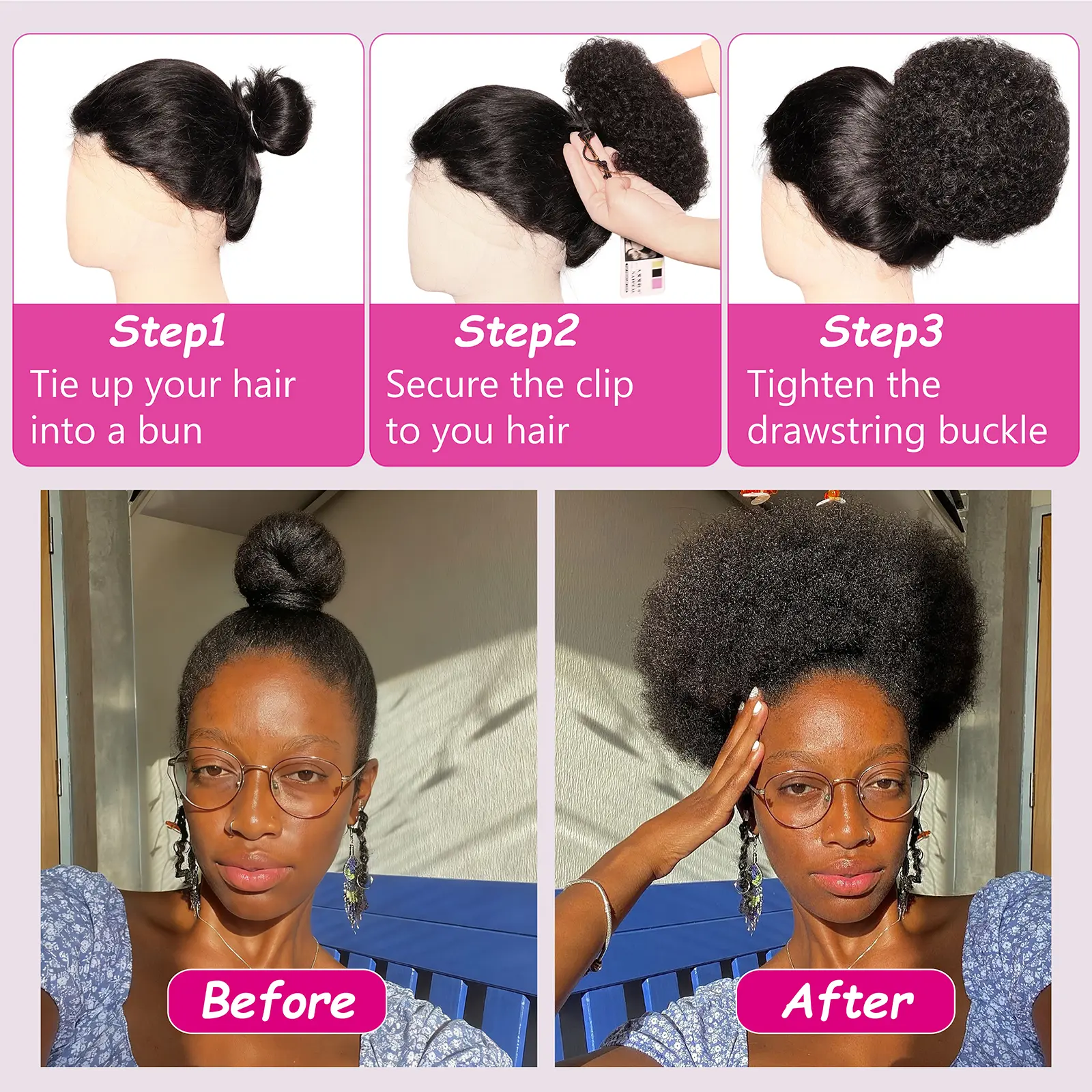 Afro Curly Hair Buns Updo Chignon Drawstring Ponytail 