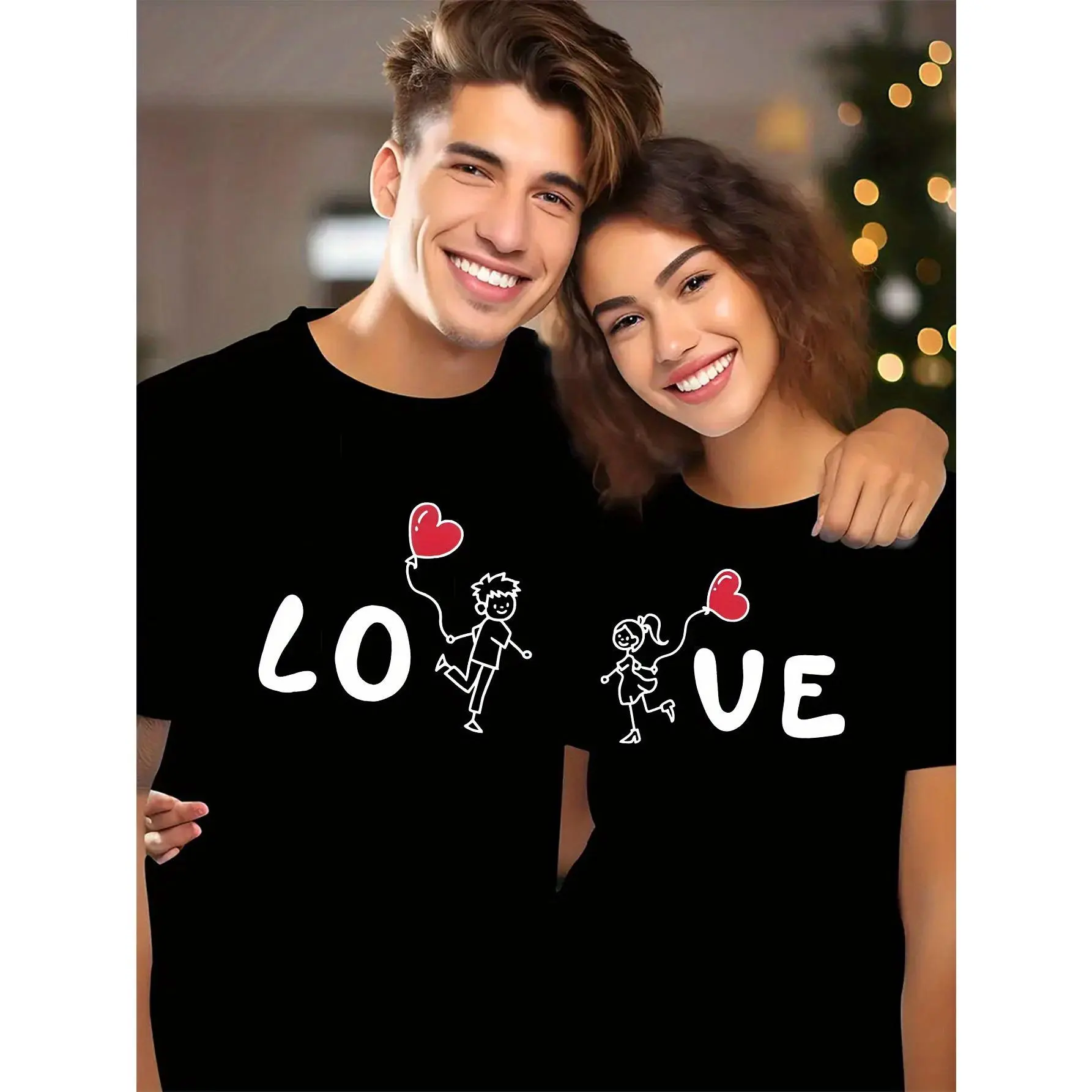 220G We run towards each other with joy and love, couple's fashionable casual sports loose T-shirt, very suitable for couples, newlyweds, Valentine's Day and holiday parties, moderate thickness, suitable as a gift