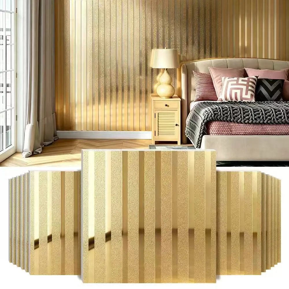 3D self-adhesive wood-grain grid wall panels for living room TV back walls, waterproof and moisture-resistant, 20-piece set, mirror-finish metal appearance, easy to install