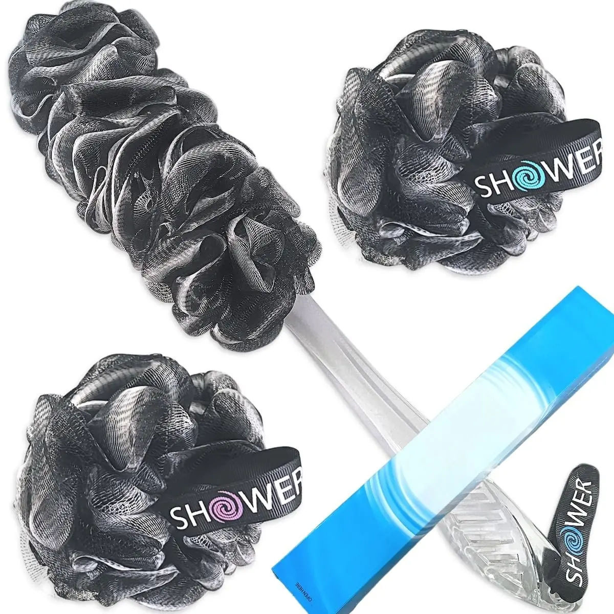 Loofah-Charcoal -Scrubber & Bath-Sponge Set // 1 Long-Handle--Brush Plus 2  75g Soft Mesh Loofa-Lufa-Loufa Puff Poufs, Men & Women - Exfoliate with Full Pure Cleanse