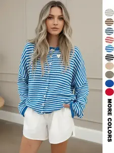 Women's Striped Casual Long Sleeve Loose Knit Sweater, Tops, Lightweight Fall & Winter Fashion, Button Front Open Front Design