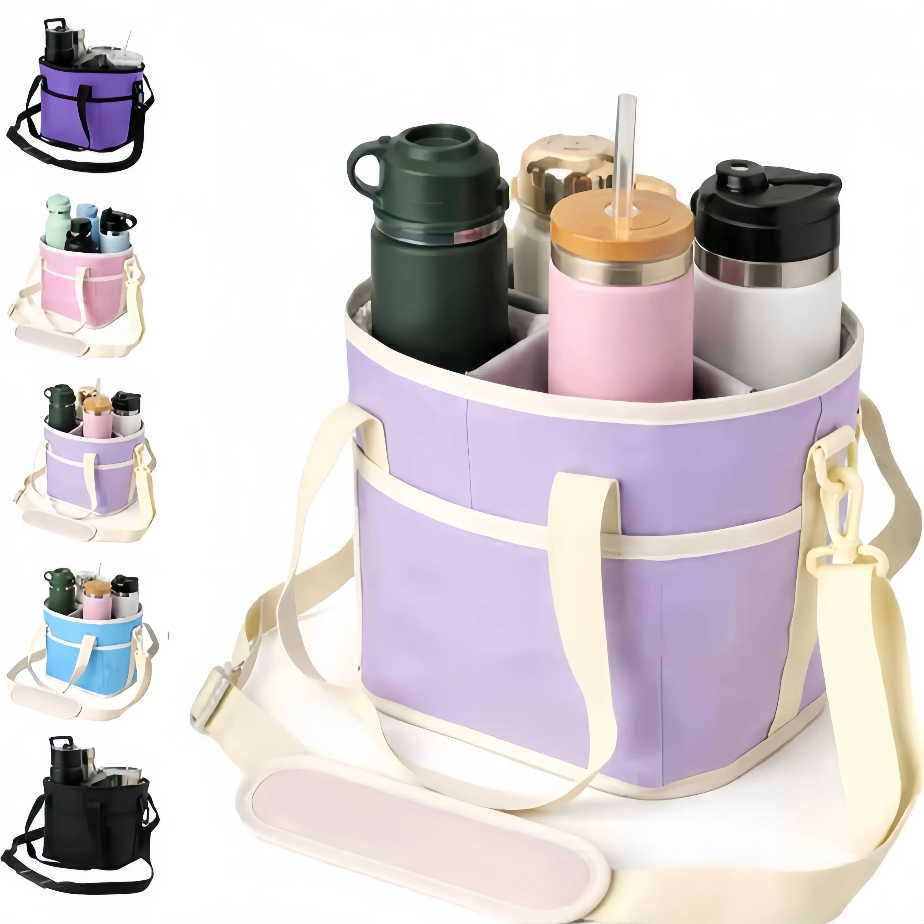 4-Compartment  Drink Caddy, Family Size Multiple Tumbler Carrier with Adjustable Shoulder Strap, Portable Cup Holder for Beach, Hiking, Road Trips & Daily Use