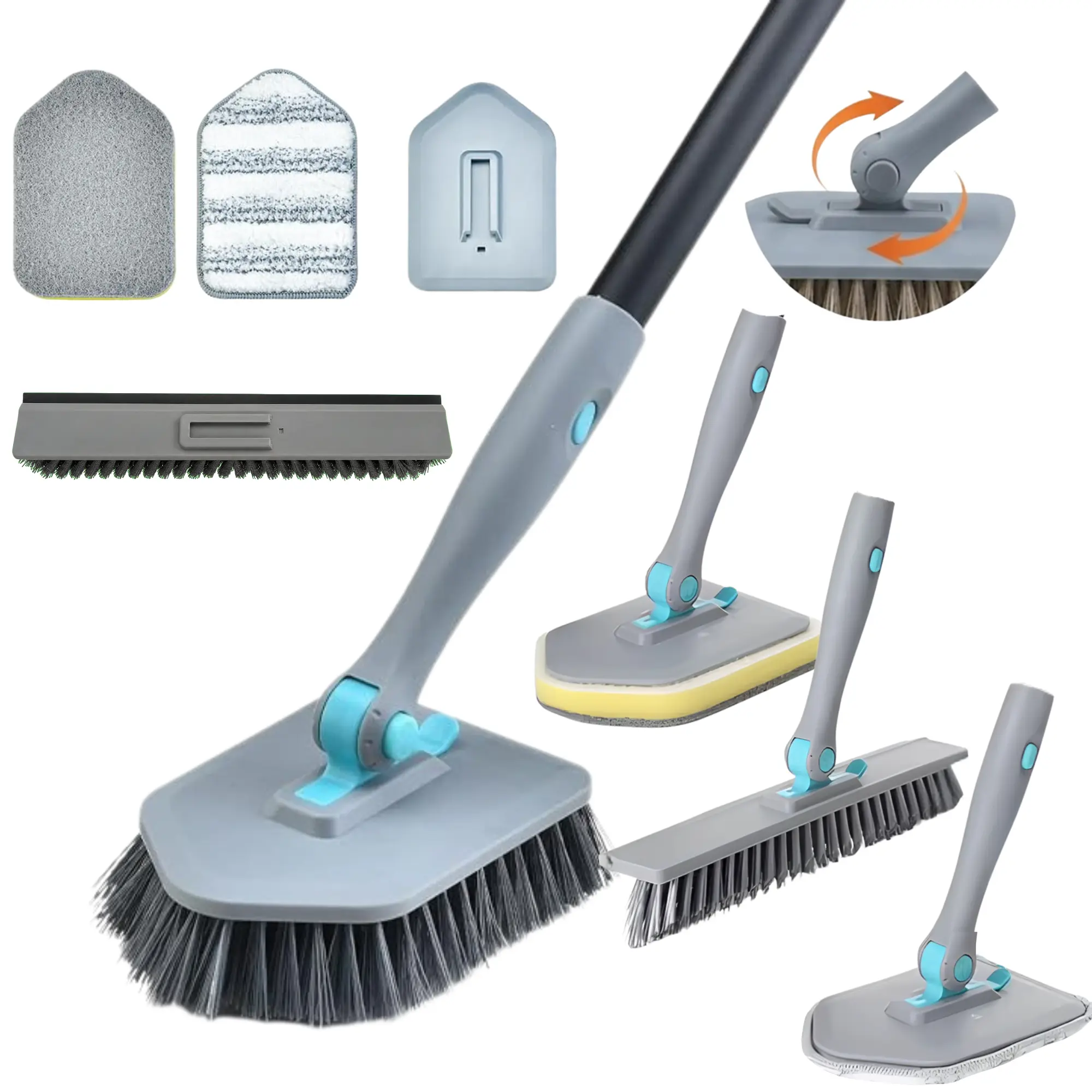 4-in-1 Shower Scrubber Set with 50.4" Extendable Long Handle (4 x Handle/Pole Sections), 180° Rotating Bathroom Cleaning Tool - 1 x Stiff Bristle V-Shaped Grout Brush, Scrub Pad, Microfiber Pad for Tub, Tile, Scouring, Mirrors