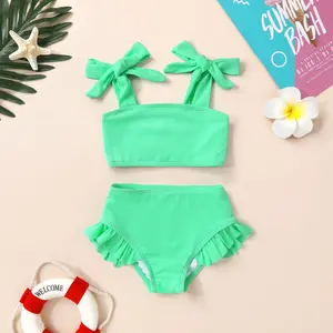 Toddler Baby Girls Swimsuit Two Piece Solid Color Stripe Swimwear Summer Beach Bikini Bathing Suit