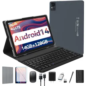 10.1 Inch 2-in-1 Android Tablet 2026, 4G LTE Dual SIM Phone Tablet with Keyboard & Mouse, 14GB+128GB (1TB Expandable), Octa-Core, 5G WiFi, 7000mAh Battery, Face Unlock, Full Case Included