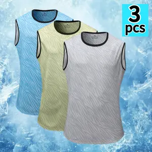 Men’s 3-piece tank top set — breathable, quick-drying, sweat-wicking sleeveless tops suitable for summer workouts, running, and training; crew neck design; polyester fabric; activewear.