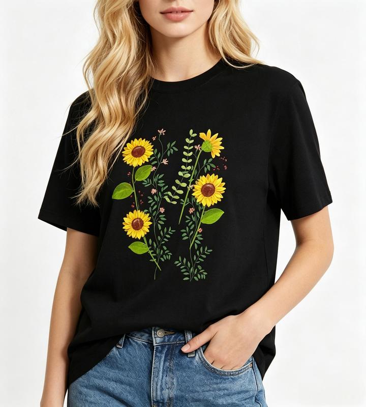Women's Cotton Comfortable Sunflower Floral Graphic Tee - Casual Short Sleeve Fit Womenswear Top