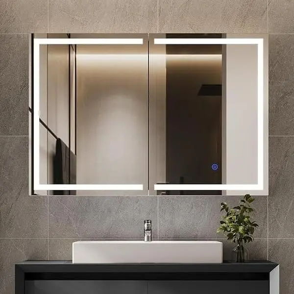SIKAIC Wall-Mounted Modern Bathroom Double Medicine Cabinet - 31.5"x23.6" White Engineered Wood 2-Sliding-Door Illuminated LED Mirror Storage, Multi-Function Wood Medicine Cabinets, Indoor Furniture Cupboard