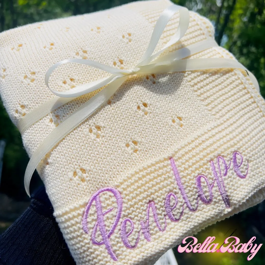 Pointelle Knit Blanket Embroidered