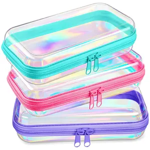 3 Pcs Clear Hard Zipper Case Plastic Pouch Transparent Hard Case Clear Makeup Bag Portable Travel Organizer Bin for Cosmetics, Building Blocks, Puzzles(Laser,S)