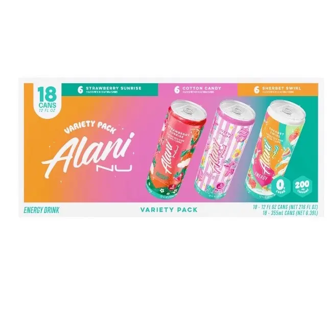 Alani Nu Energy Drink Variety Pack Strawberry Sunrise, Cotton Candy and Sherbet Swirl   12 fl. oz., 18 pk.