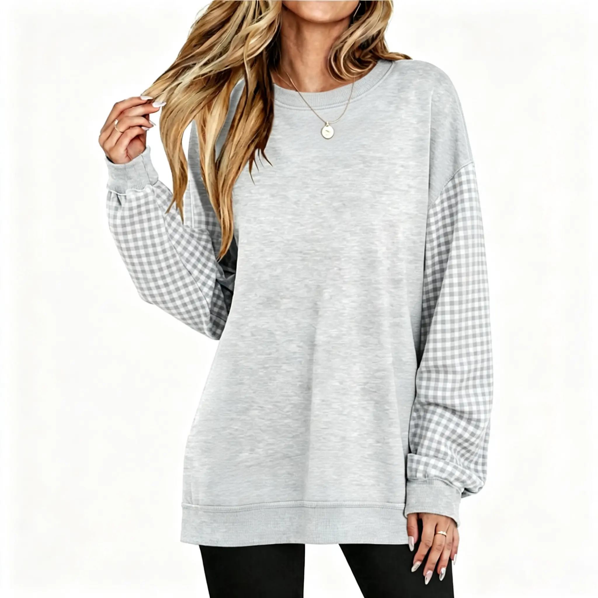 Women's Oversized Sweatshirts Plaid Long Sleeve Tunic Shirts Crew Neck Loose Pullover Tops
