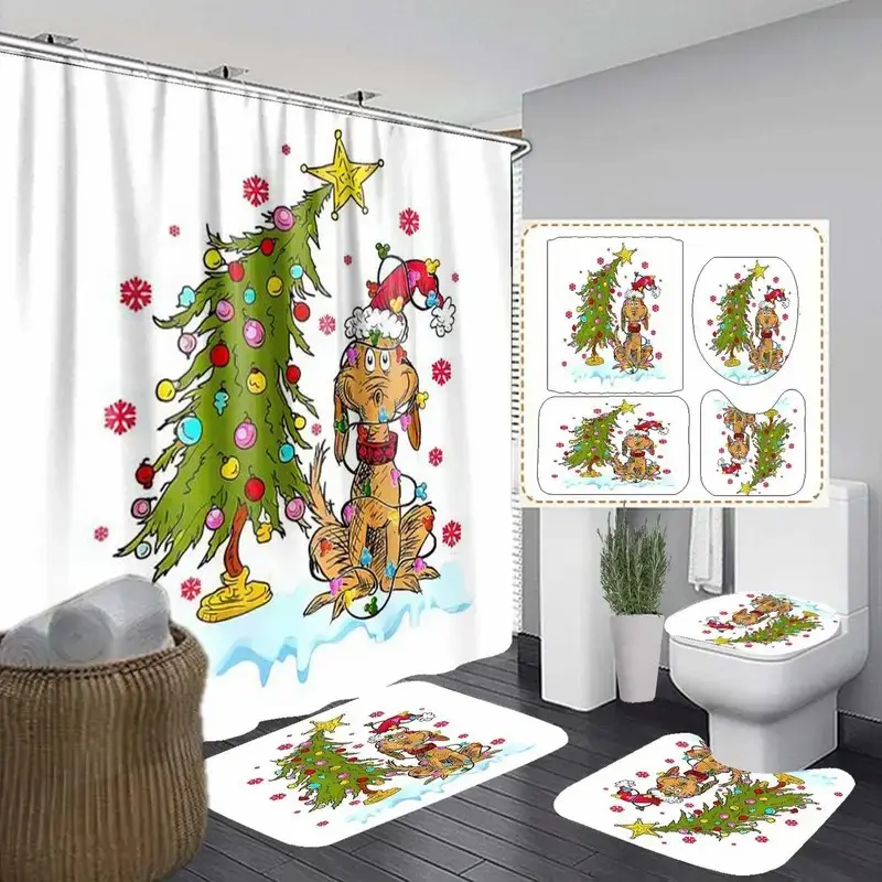1/4pc Christmas Cartoon Dog and Santa Hat with Snowflake Dog Design Shower Curtain Set, Shower Curtain Set For Bathroom, Holiday Design, Non-Slip Mat, Toilet Seat Cover, Bathroom Decor, Shower Essentials, with 12 Hooks