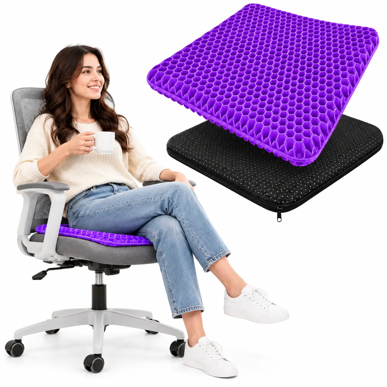 Breathable Gel Seat Cushion, Honeycomb Structure Seat Pad, Cooling Fabric Reduces Heat Build-Up, Even Weight Distribution, Non-Slip Hand Wash Cover, Ideal For Office Chair And Vehicle Seats