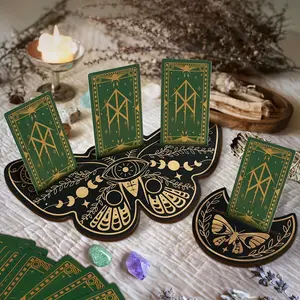 Wooden Butterfly Tarot Card Display Stand Set, 2 Pieces 2D Flat Carved Design, Moon Phase Card Holder, Ritual Placement & Daily Show