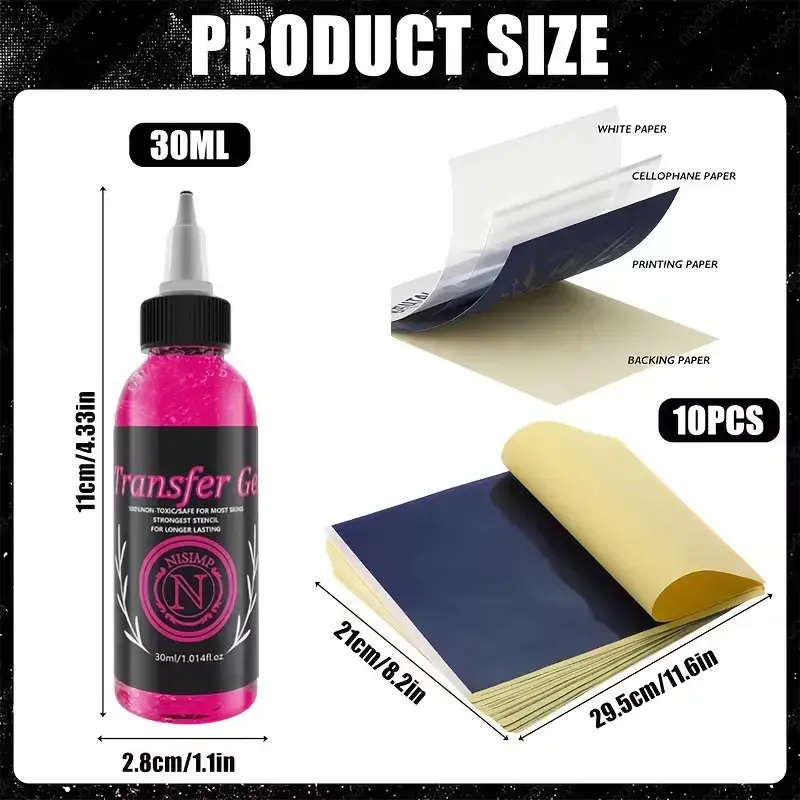 Professional tattoo transfer gel solution, 10 transfer paper stencils, transparent and long-lasting, suitable for tattoo paper stencils, magic paste, and tattoo equipment supplies