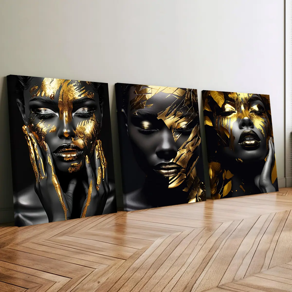 3Pcs Wooden-Framed Canvas Art Prints - Gold & Black Abstract Women's Faces, Blue Forest Landscape Leaf Painting, Waterproof Odorless Living Room Decor, Room Decorations for Bedroom Aesthetic