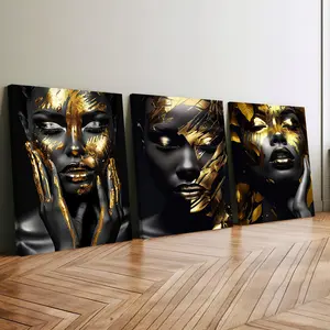 3Pcs Wooden-Framed Canvas Prints - Gold & Black Abstract Women's Faces, Landscape Leaf Artistic Wall Decor, Waterproof Odorless Home Decor for Living Room, Bedroom, Exquisite Poster Artwork, Trees, Room Aesthetic