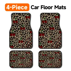 4-Piece Leopard Print with Red Cherries Car Floor Mats, Universal Fit All-Weather Non-Slip Carpet Liners, Retro Trendy Girly Automotive Interior Car Accessories, Girly Car Accessories