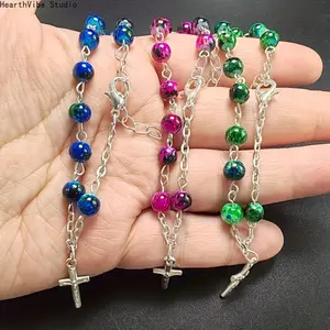 3pcs/Pack Sporty Sports Wristbands, Mixed Color Natural Artificial Stone Glass Painted Beads Mini Small Cross Rosary Bracelet with Adjustable Size