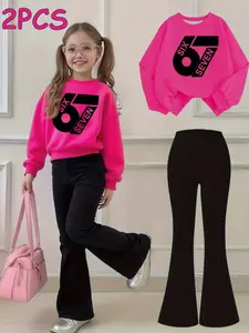 Girls' Fashion Sweatshirt & Bell Bottoms Set, All-Over Printed Design, Comfortable Round Neck, Perfect for Fall/winter, Fashion Clothes Set